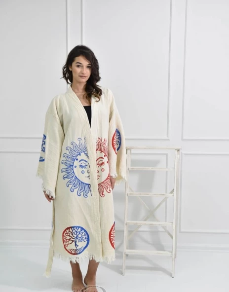 Bornoz ,Plaj Kıyafeti,Kimono , Kaftan ,Sabahlık  Kırmızı Mavi Güneş Desen Baskılı - 3
