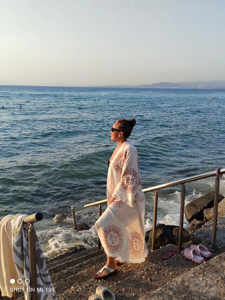 Bornoz ,Plaj Kıyafeti,Kimono , Kaftan ,Sabahlık  Ham Kumaş Kızıl Güneş Desen Baskılı - 7