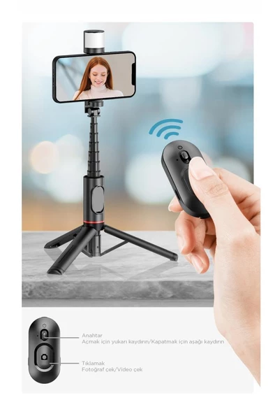 Torima Q12S Siyah Uzaktan Kumandalı Kablosuz Led Işıklı Selfie Çubuğu Tripod - 3