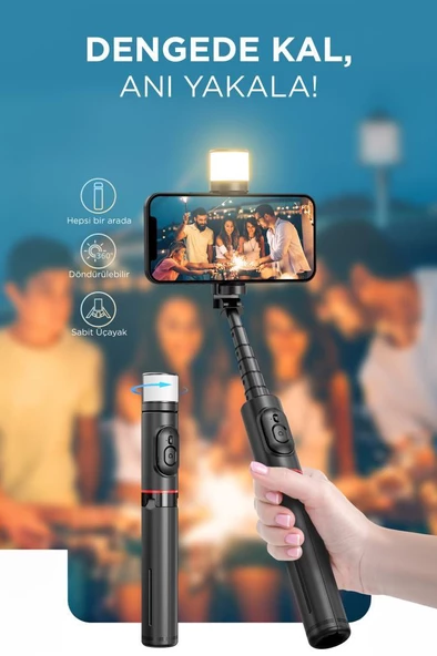 Torima Q12S Siyah Uzaktan Kumandalı Kablosuz Led Işıklı Selfie Çubuğu Tripod - 5