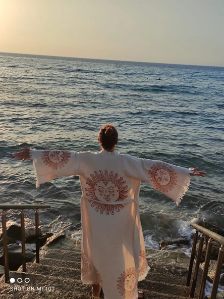 Bornoz ,Plaj Kıyafeti,Kimono , Kaftan ,Sabahlık  Ham Kumaş Kızıl Güneş Desen Baskılı - 6