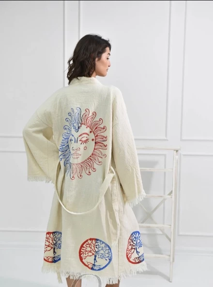 Bornoz ,Plaj Kıyafeti,Kimono , Kaftan ,Sabahlık  Kırmızı Mavi Güneş Desen Baskılı