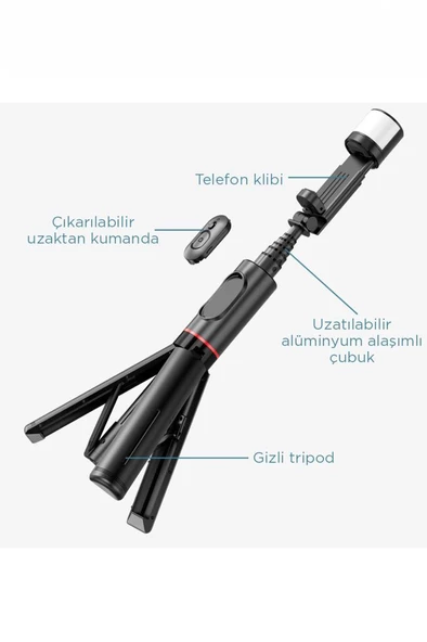 Torima Q12S Siyah Uzaktan Kumandalı Kablosuz Led Işıklı Selfie Çubuğu Tripod - 2