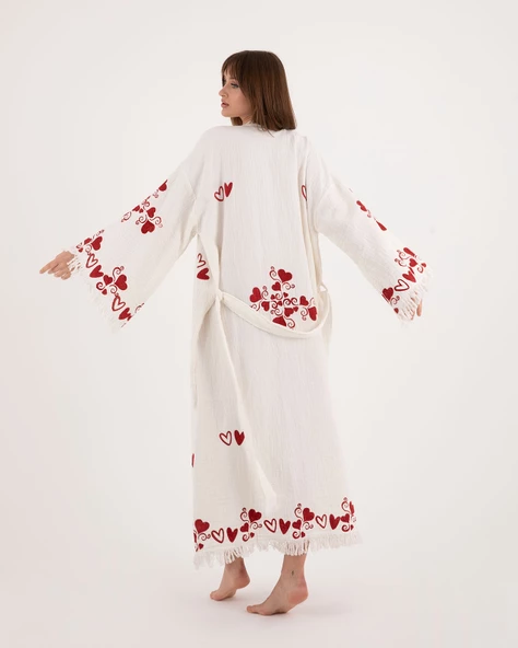 Bornoz ,Plaj Kıyafeti,Kimono , Kaftan ,Sabahlık  Kırmızı Kalp Desen Baskılı - 5