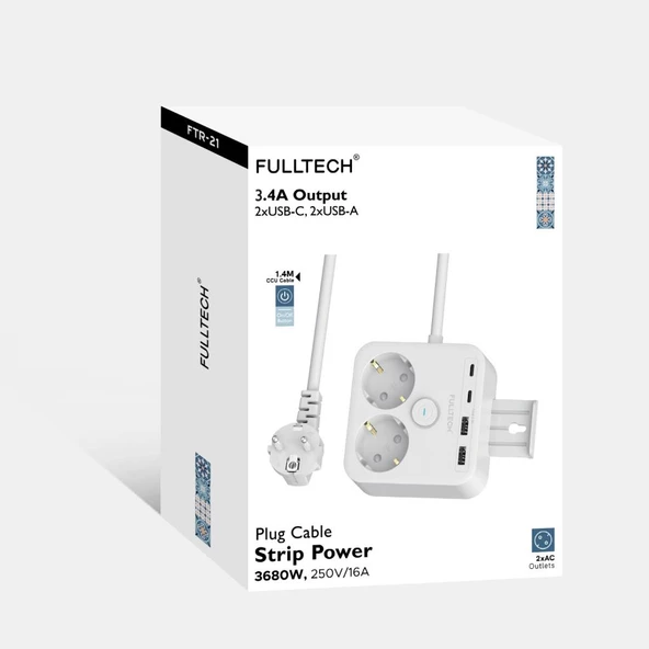 Fulltech Beyaz Termal Akım Korumalı 2 Li Priz 2x Type C 2x USB 3680 W FTR-21 - 2