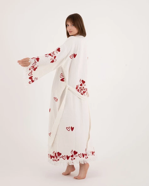 Bornoz ,Plaj Kıyafeti,Kimono , Kaftan ,Sabahlık  Kırmızı Kalp Desen Baskılı - 3