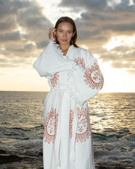 Bornoz ,Plaj Kıyafeti,Kimono , Kaftan ,Sabahlık  Ham Kumaş Kızıl Güneş Desen Baskılı - 3