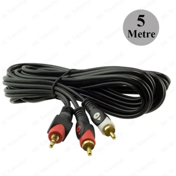 POWERMASTER 1. KALİTE 5M 2 RCA ERKEK + 3.5 MM STEREO ERKEK GOLD 5 METRE 2RCA AUX KABLO - 3