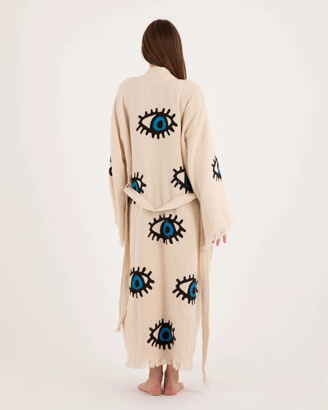 Bornoz ,Plaj Kıyafeti,Kimono , Kaftan ,Sabahlık  Mavi Göz Desen Baskılı - 2