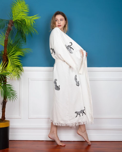 Bornoz ,Plaj Kıyafeti,Kimono , Kaftan ,Sabahlık  Siyah Leopar Desen Baskılı - 2