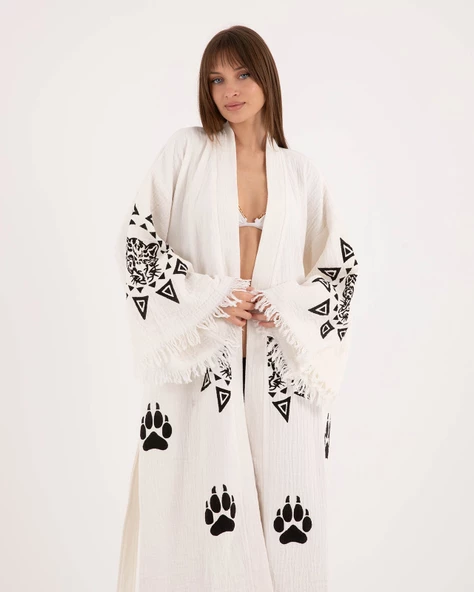 Bornoz ,Plaj Kıyafeti,Kimono , Kaftan ,Sabahlık  Pati Desen Baskılı - 4
