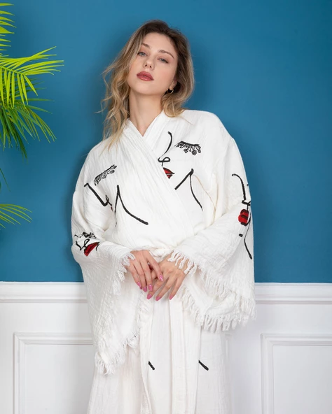 Bornoz ,Plaj Kıyafeti,Kimono , Kaftan ,Sabahlık  Kadın Yüz Dudak Desen Baskılı - 2