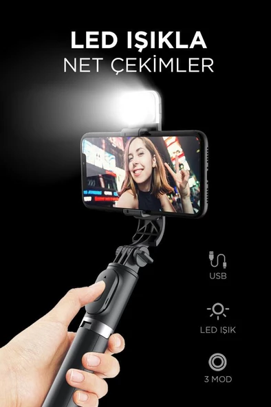 Torima Q02S Çok Amaçlı Tripod Kumandalı Işıklı Selfie Çubuğu Siyah - 3