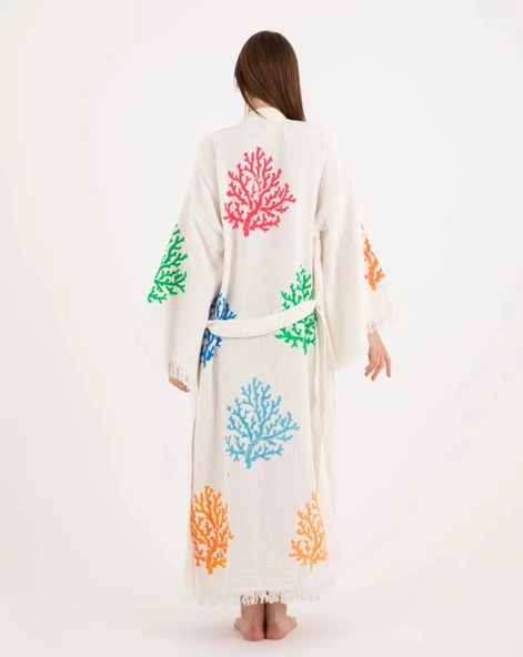 Bornoz ,Plaj Kıyafeti,Kimono , Kaftan ,Sabahlık  Çok Renkli Mercan Desen Baskılı - 4