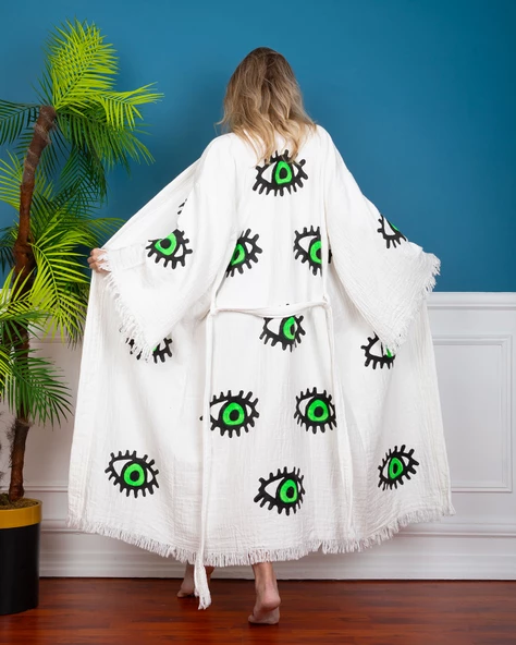 Bornoz ,Plaj Kıyafeti,Kimono , Kaftan ,Sabahlık  İçi Renkli Neon Göz Desen Baskılı - 2