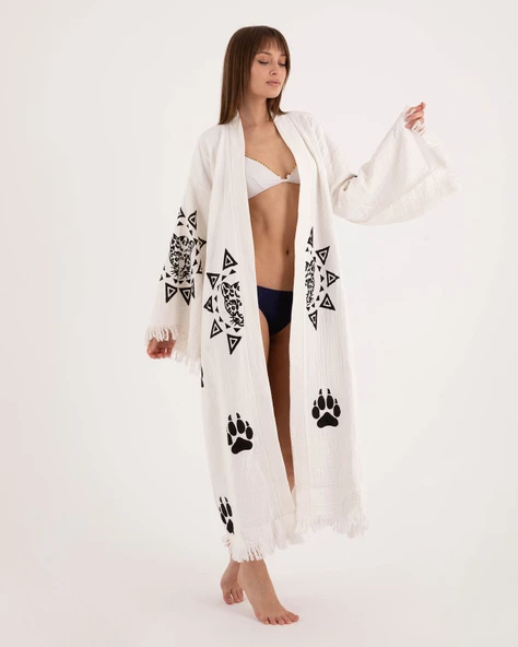 Bornoz ,Plaj Kıyafeti,Kimono , Kaftan ,Sabahlık  Pati Desen Baskılı - 2