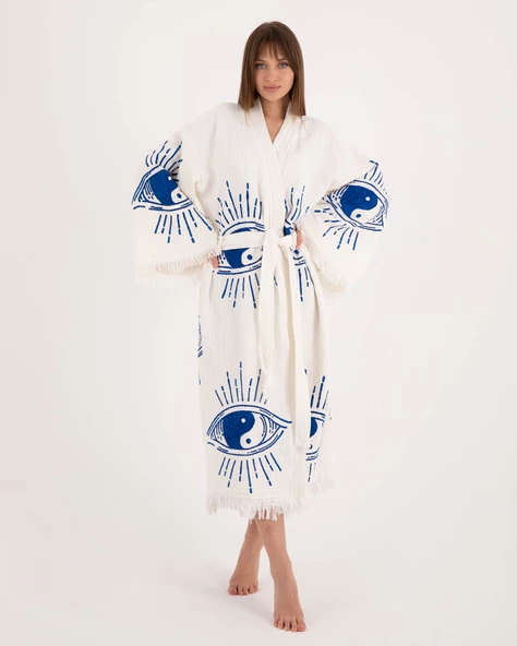 Bornoz ,plaj Kıyafeti, Kimono , Kaftan , Sabahlık  &  Ying Yang Mavi Göz Desen Baskılı - 6