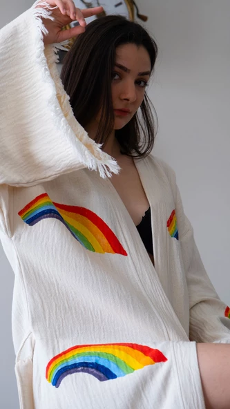 Bornoz ,Plaj Kıyafeti,Kimono , Kaftan ,Sabahlık Gökkuşağı Desen Baskılı - 3