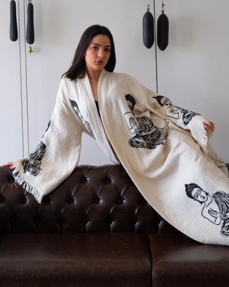 Bornoz ,Plaj Kıyafeti,Kimono , Kaftan ,Sabahlık Siyah Buda Desen Baskılı