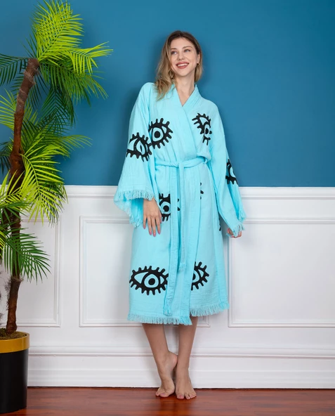 Bornoz ,Plaj Kıyafeti,Kimono , Kaftan ,Sabahlık  Turkuaz Kumaş Naturel Göz Desen Baskılı - 4