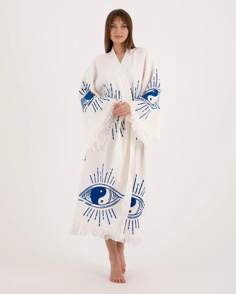 Bornoz ,plaj Kıyafeti, Kimono , Kaftan , Sabahlık  &  Ying Yang Mavi Göz Desen Baskılı - 4