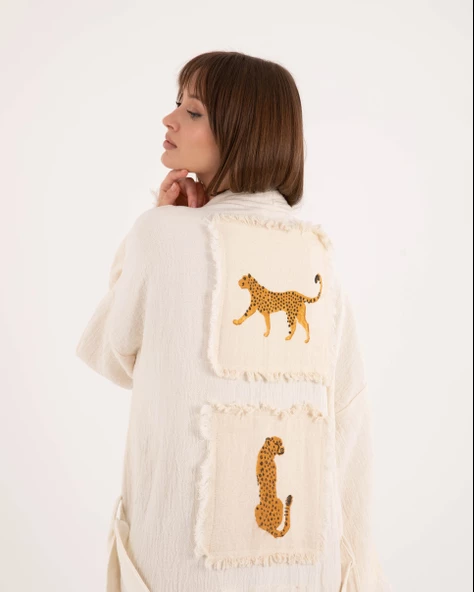 Bornoz ,Plaj Kıyafeti,Kimono , Kaftan ,Sabahlık  & Sırt Parçalı Leopar Desen Baskılı - 2