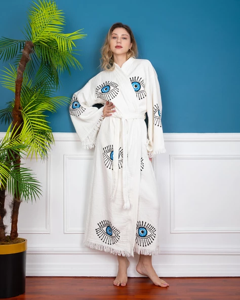 Bornoz ,Plaj Kıyafeti,Kimono , Kaftan ,Sabahlık  & Açık Mavi Göz Desen Baskılı - 4