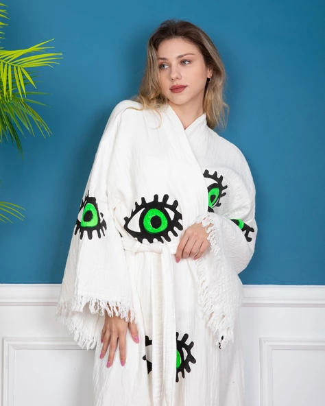 Bornoz ,Plaj Kıyafeti,Kimono , Kaftan ,Sabahlık  İçi Renkli Neon Göz Desen Baskılı - 4