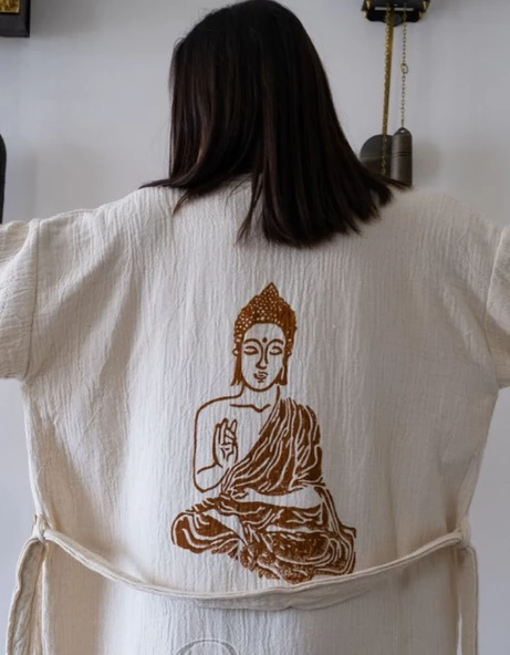 Bornoz ,Plaj Kıyafeti,Kimono , Kaftan ,Sabahlık   Kahverengi Buda Desen Baskılı - 2