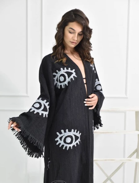 Bornoz ,Plaj Kıyafeti,Kimono , Kaftan ,Sabahlık  Siyah Kumaş Büyük Göz  Desen Baskılı - 4
