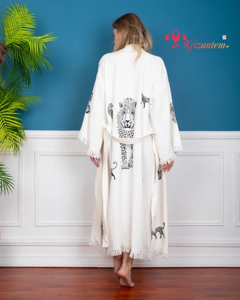 Bornoz ,Plaj Kıyafeti,Kimono , Kaftan ,Sabahlık  Siyah Leopar Desen Baskılı - 8