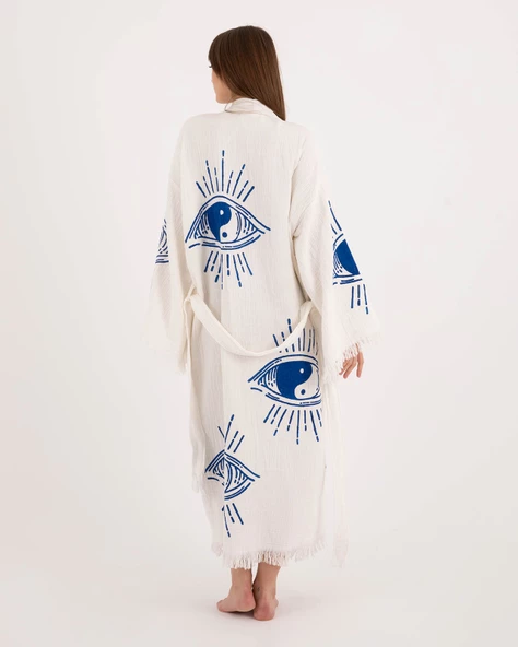 Bornoz ,plaj Kıyafeti, Kimono , Kaftan , Sabahlık  &  Ying Yang Mavi Göz Desen Baskılı - 7