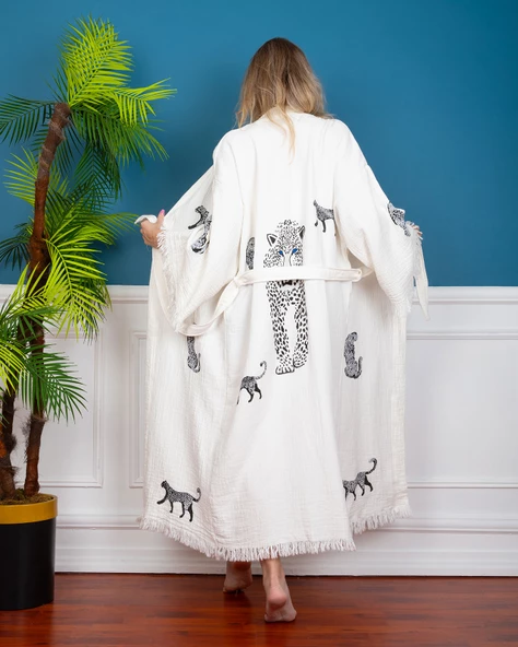 Bornoz ,Plaj Kıyafeti,Kimono , Kaftan ,Sabahlık  Siyah Leopar Desen Baskılı - 5