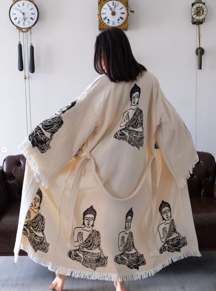 Bornoz ,Plaj Kıyafeti,Kimono , Kaftan ,Sabahlık Siyah Buda Desen Baskılı - 2