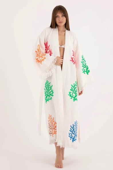 Bornoz ,Plaj Kıyafeti,Kimono , Kaftan ,Sabahlık  Çok Renkli Mercan Desen Baskılı - 6