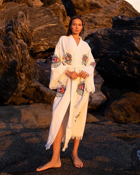 Bornoz ,Plaj Kıyafeti,Kimono , Kaftan ,Sabahlık  Altın Göz Desen Baskılı - 5