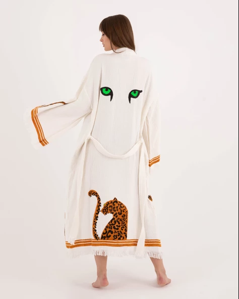 Bornoz ,Plaj Kıyafeti,Kimono , Kaftan ,Sabahlık  Kol ve Etek Leopar Detay Baskılı - 6