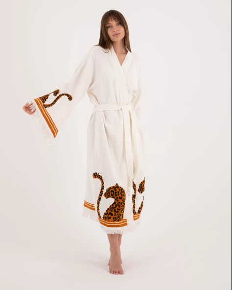 Bornoz ,Plaj Kıyafeti,Kimono , Kaftan ,Sabahlık  Kol ve Etek Leopar Detay Baskılı - 2