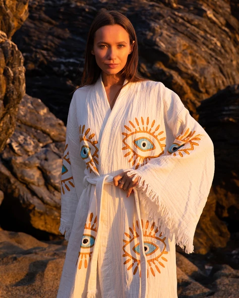 Bornoz ,Plaj Kıyafeti,Kimono , Kaftan ,Sabahlık  Altın Göz Desen Baskılı - 7