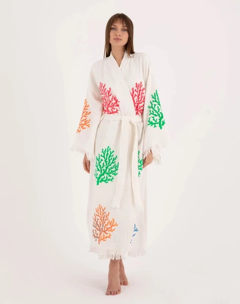 Bornoz ,Plaj Kıyafeti,Kimono , Kaftan ,Sabahlık  Çok Renkli Mercan Desen Baskılı - 2