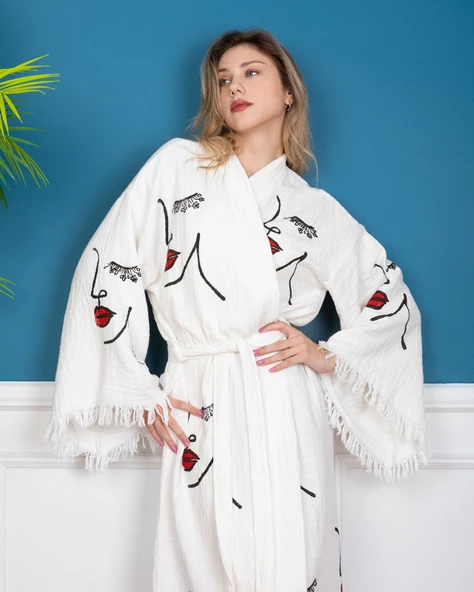 Bornoz ,Plaj Kıyafeti,Kimono , Kaftan ,Sabahlık  Kadın Yüz Dudak Desen Baskılı - 4