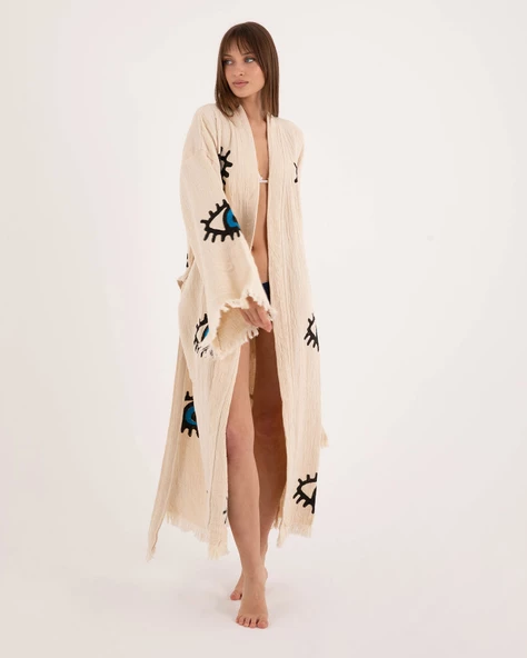Bornoz ,Plaj Kıyafeti,Kimono , Kaftan ,Sabahlık  Mavi Göz Desen Baskılı - 3