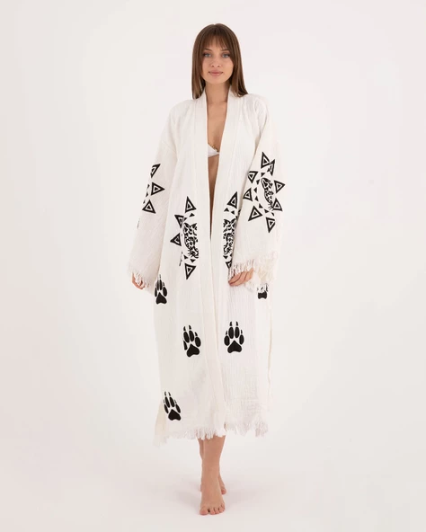 Bornoz ,Plaj Kıyafeti,Kimono , Kaftan ,Sabahlık  Pati Desen Baskılı - 6