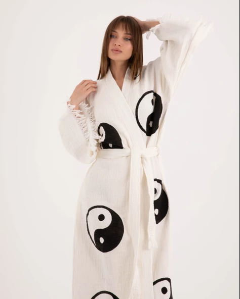 Bornoz ,Plaj Kıyafeti,Kimono , Kaftan ,Sabahlık  Ying Yang Desen Baskılı - 4
