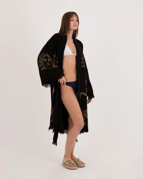 Bornoz ,Plaj Kıyafeti,Kimono , Kaftan ,Sabahlık Siyah Kumaş Altın Renkli Medusa Baskılı - 3