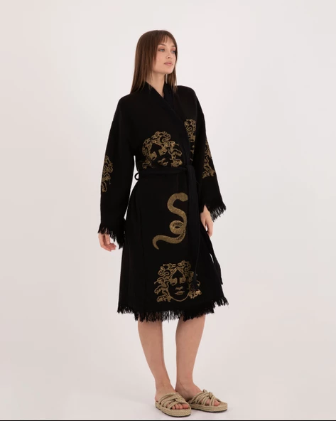 Bornoz ,Plaj Kıyafeti,Kimono , Kaftan ,Sabahlık Siyah Kumaş Altın Renkli Medusa Baskılı - 10