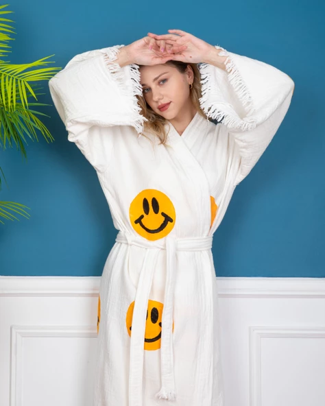 Bornoz ,Plaj Kıyafeti,Kimono , Kaftan ,Sabahlık Gülen Emoji Desen Baskılı - 5