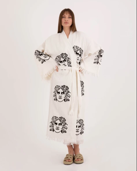 Bornoz ,Plaj Kıyafeti,Kimono , Kaftan ,Sabahlık  Medusa Baskılı - 9