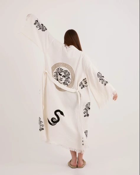 Bornoz ,Plaj Kıyafeti,Kimono , Kaftan ,Sabahlık  Medusa Baskılı - 8