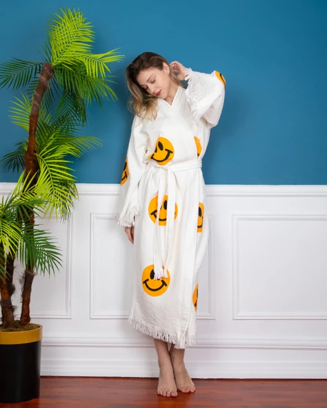 Bornoz ,Plaj Kıyafeti,Kimono , Kaftan ,Sabahlık Gülen Emoji Desen Baskılı - 6